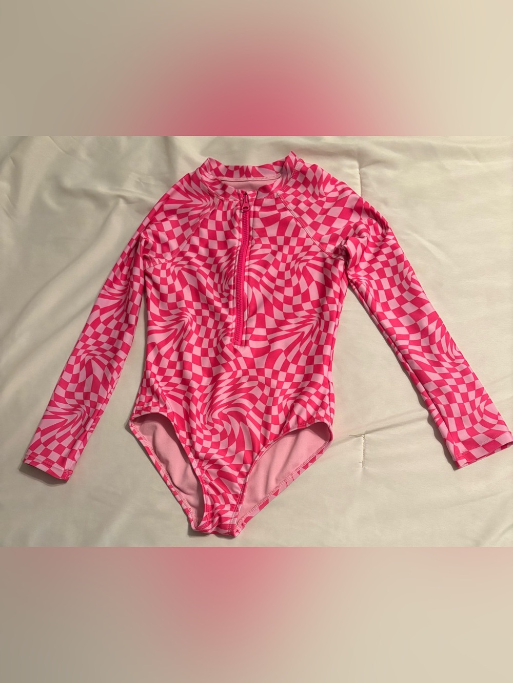 wonder nation Pink Swirl & Checker Long-Sleeve Rashguard One-Piece